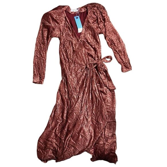 Tanya Taylor Dress WMNS 6 Puff Sleeve V-Neck Laureen Velvet Wrap Midi‎ Festive - Picture 2 of 11